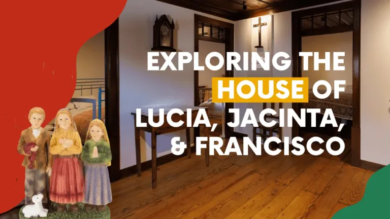 Video cover 'Exploring the house of Lúcia, Jacinta & Francisco' with small statues of three children in a room