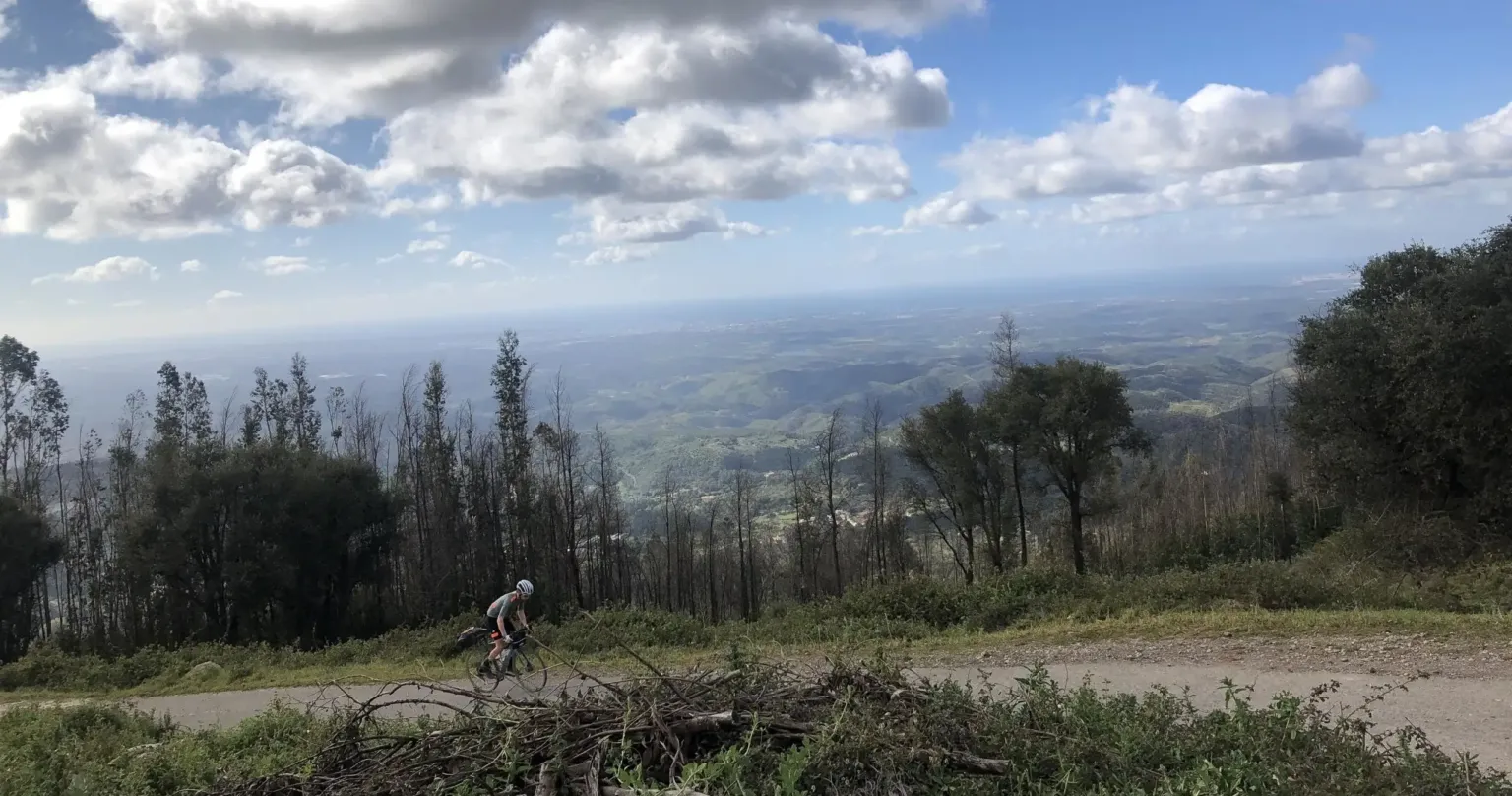 Cyclist riding along a road on a wooded mountain slope above a wide plain