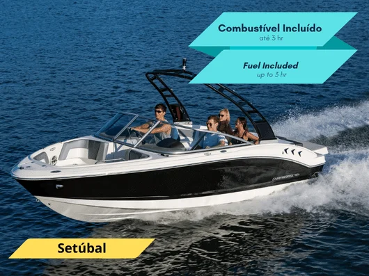 Speedboat carrying passengers, with a 'fuel included up to 5 hr' label