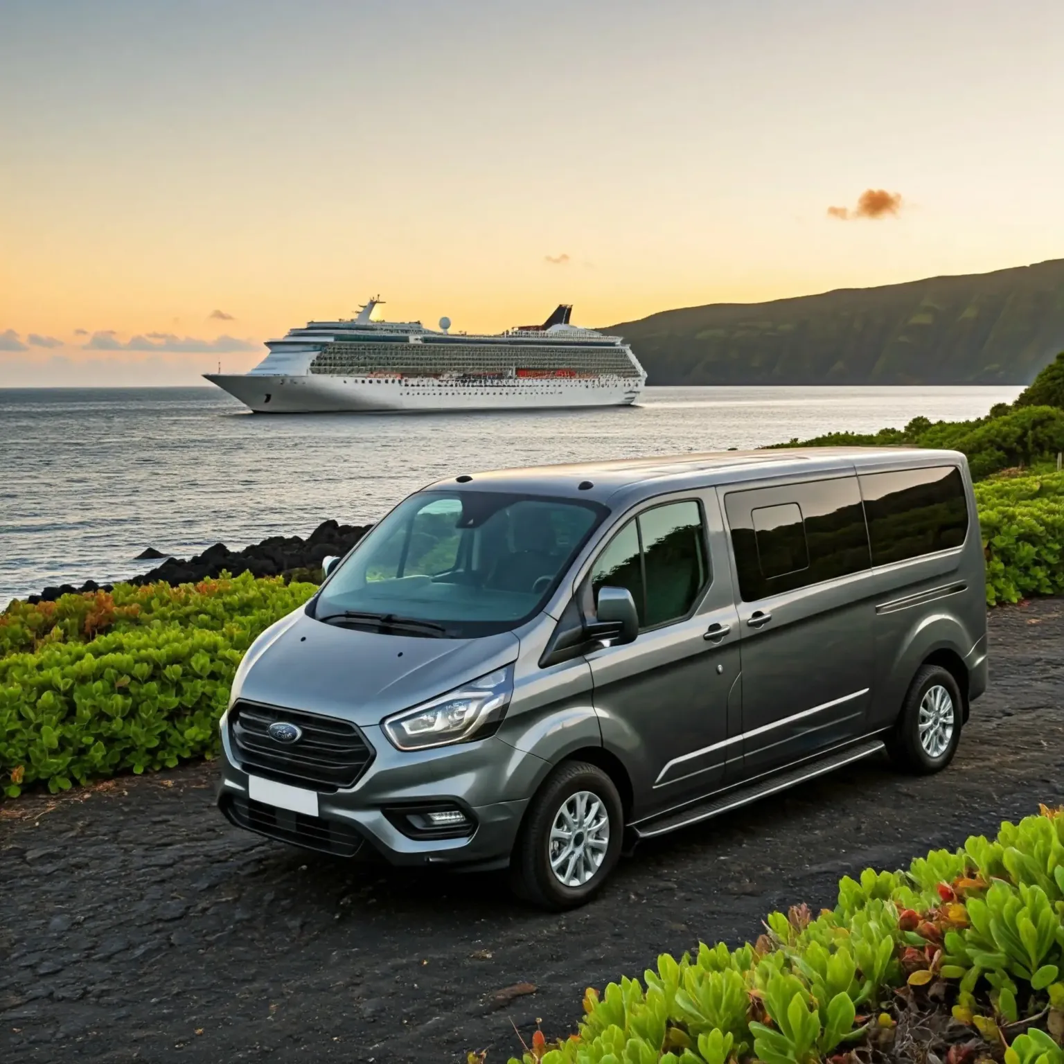 Grey minivan on a coastal road with a cruise ship offshore at sunset