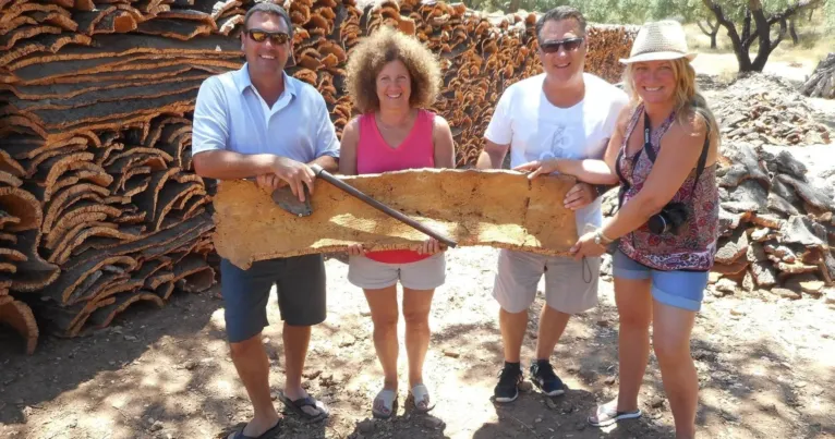 Four smiling visitors holding a large piece of cork bark