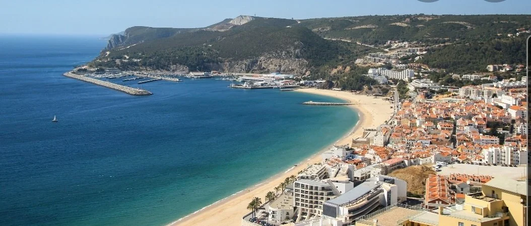 Aerial view of a bay with a curved beach and a hillside town