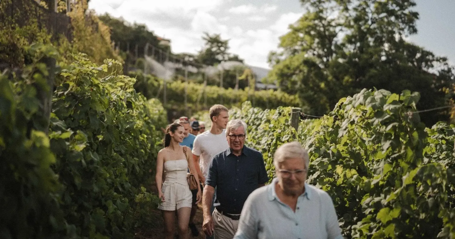 Three visitors walking through a vineyard on a guided tour