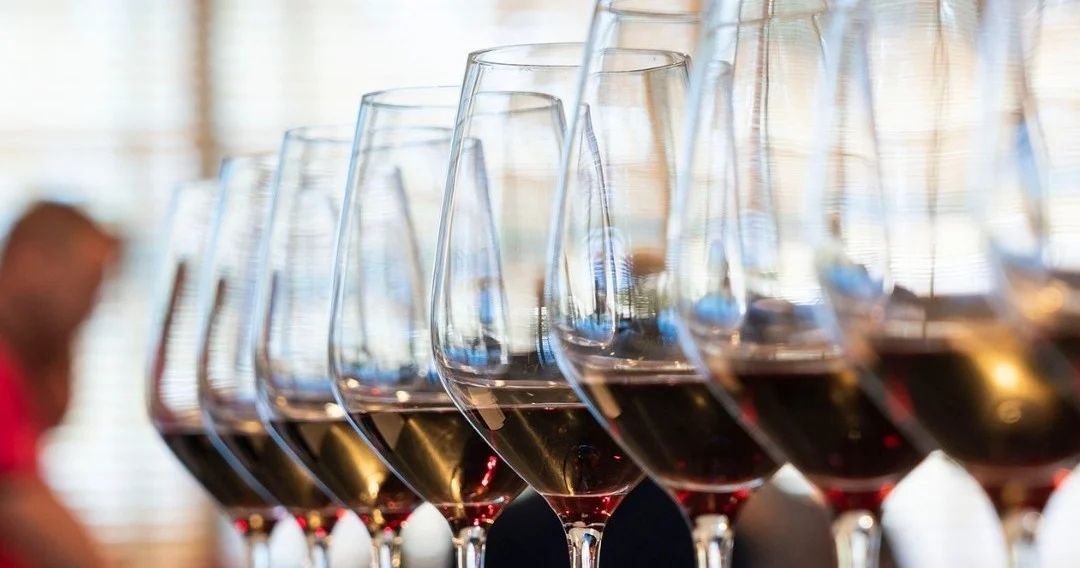 Row of glasses of red wine lined up at a tasting