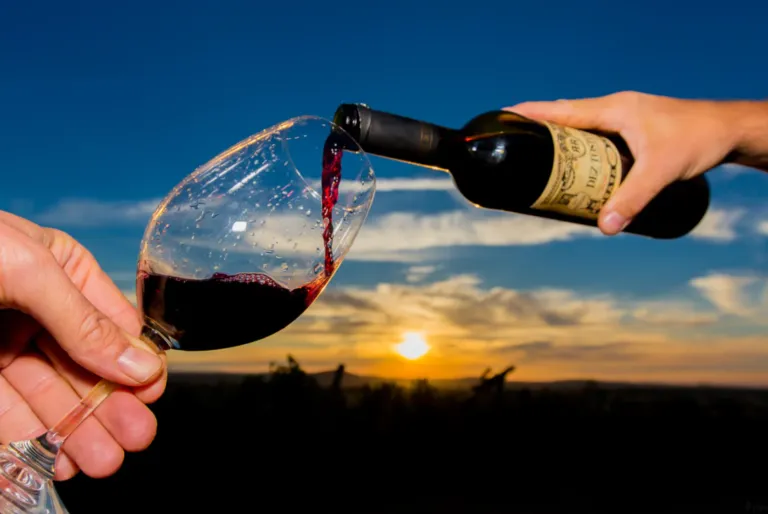 Hand pouring red wine into a glass at sunset