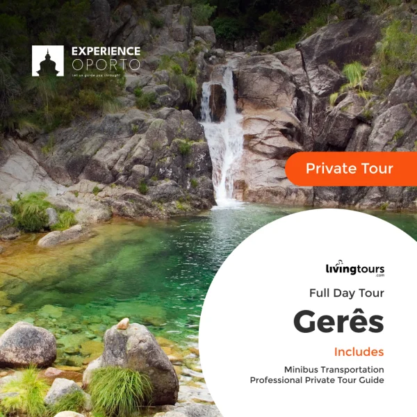 Promotional card showing a waterfall and green pool, labelled 'Gerês – full day tour'