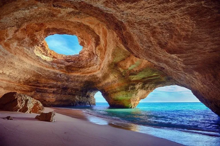 Sandstone sea cave with a round skylight and a small beach