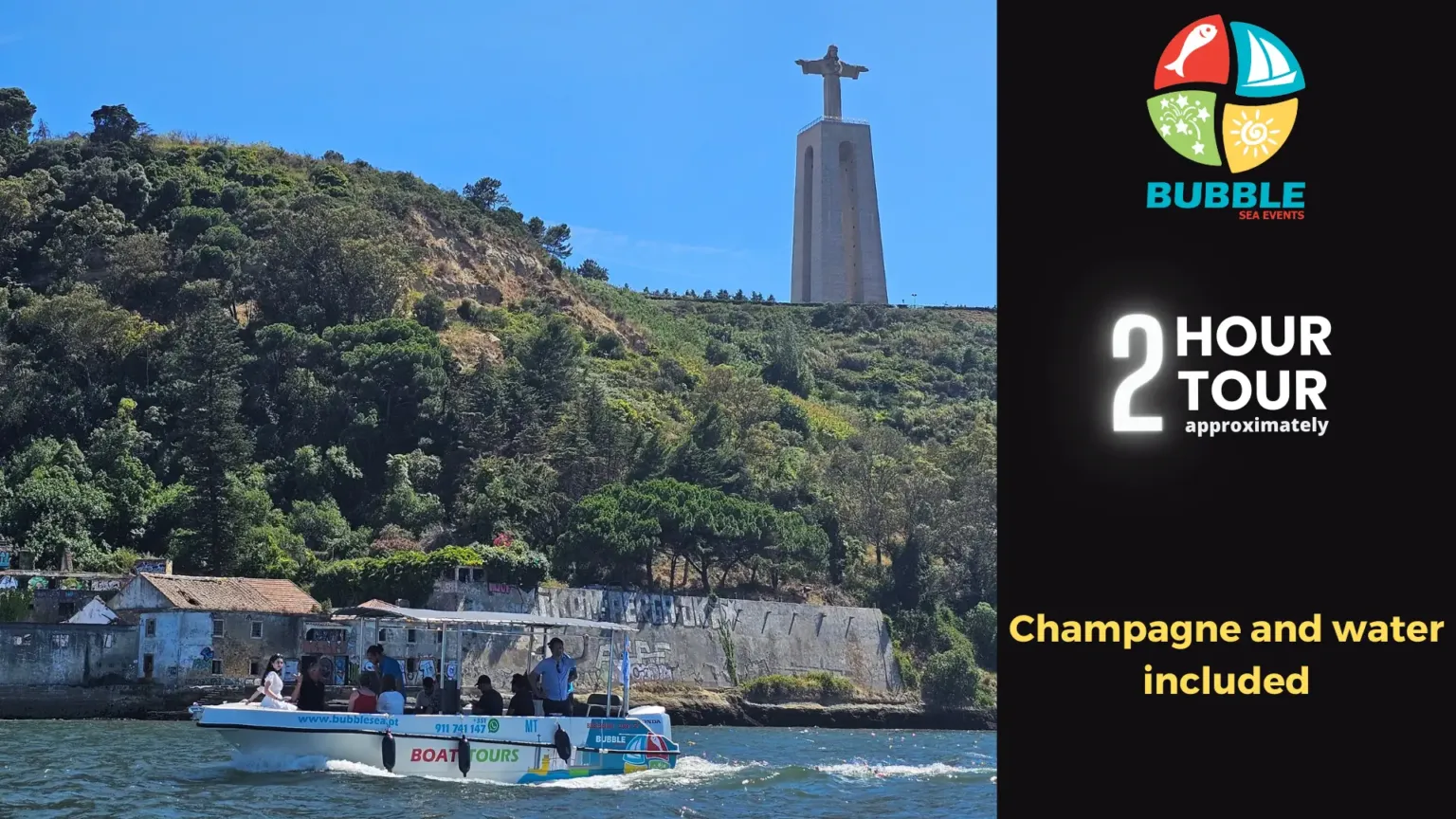 Boat passing below a large statue of Christ on a hill, with a '2 hour tour' label
