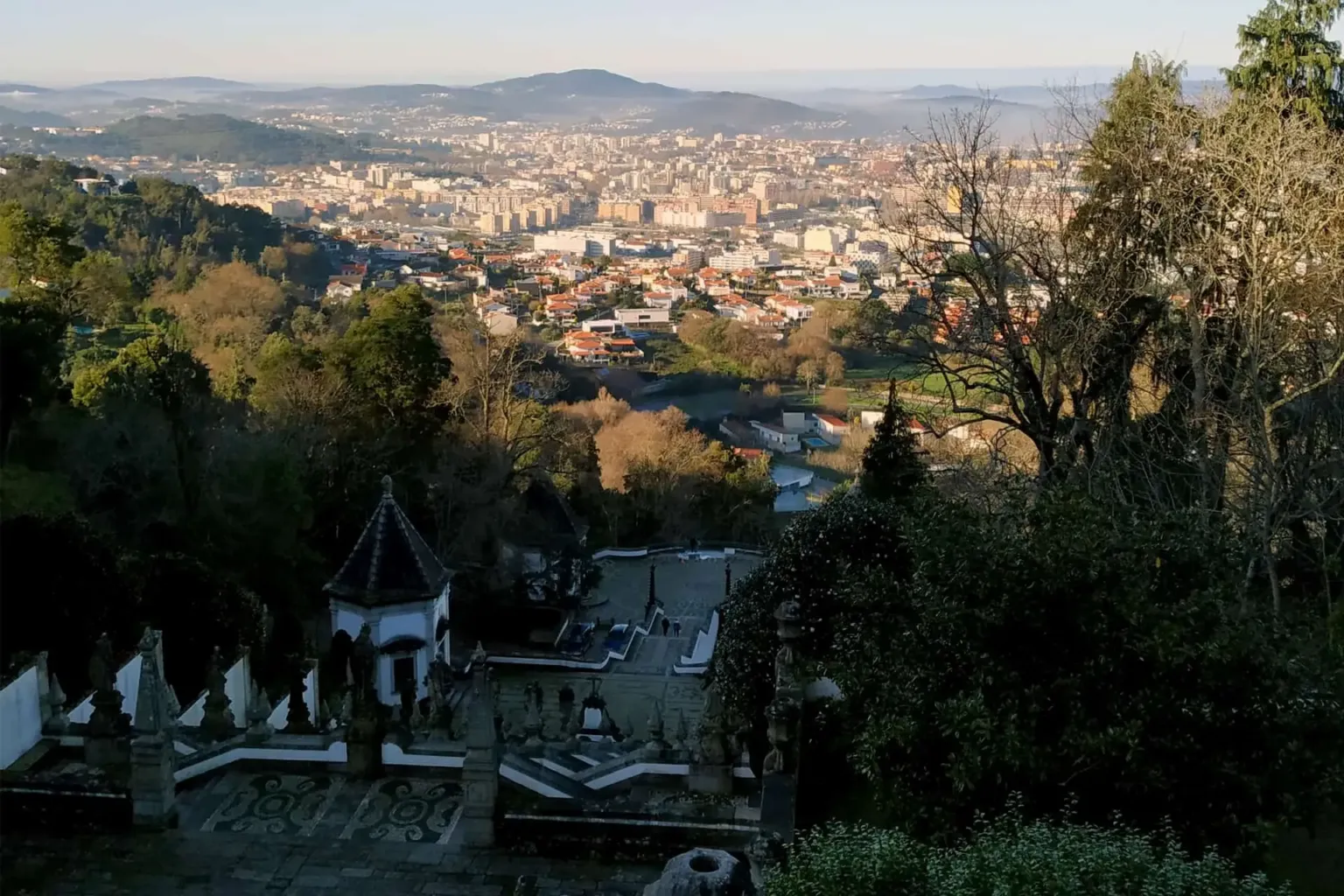 City spread out below a wooded hillside viewpoint