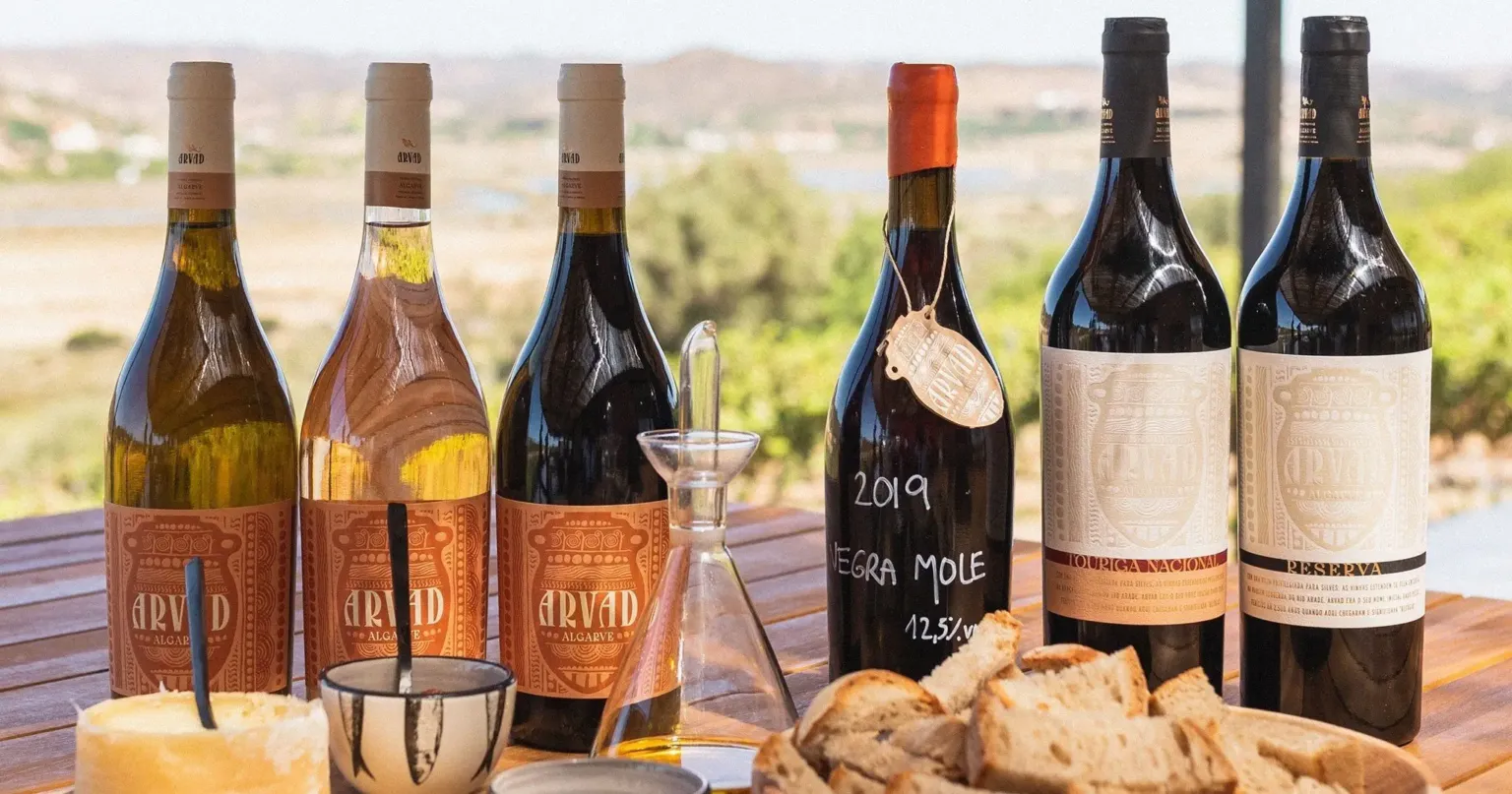 Wine bottles, a decanter and a board of snacks on a table above vineyards