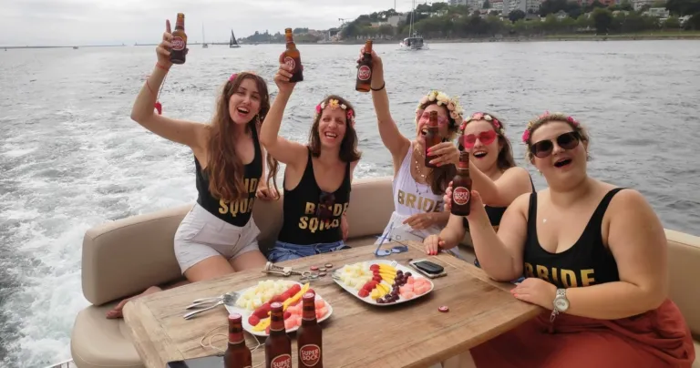 Bachelorette group with beers cheering around a table on a boat