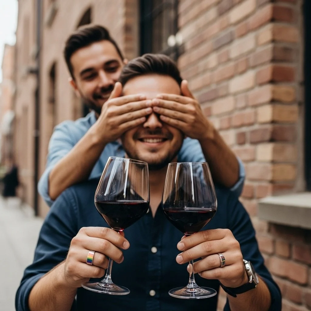 Man blindfolded by his companion while holding two glasses of red wine
