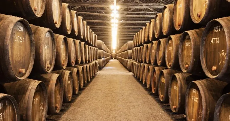 Aisle between old oak barrels lit from above