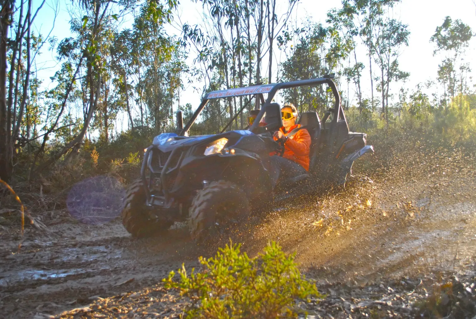 Buggy splashing through water on a forest track