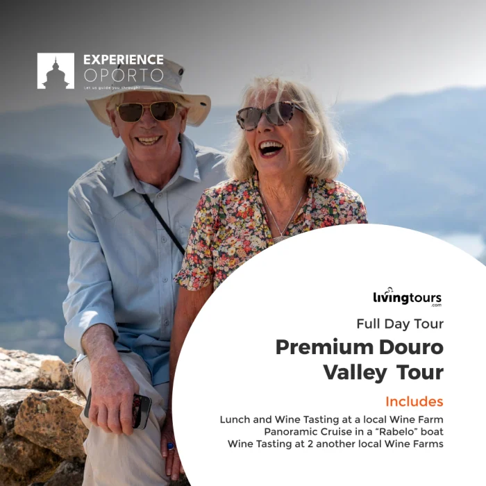 Promotional card showing a laughing older couple, labelled 'Premium Douro Valley tour – full day'