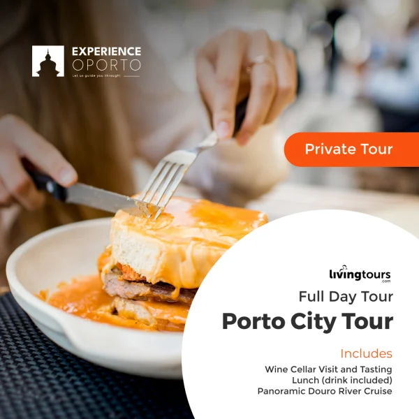 Promotional card showing a person eating a toasted sandwich dish, labelled 'Porto city tour – full day, private tour'