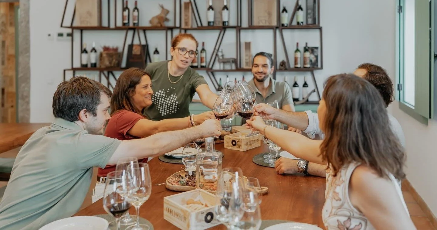 Group of friends clinking glasses around a table in a winery