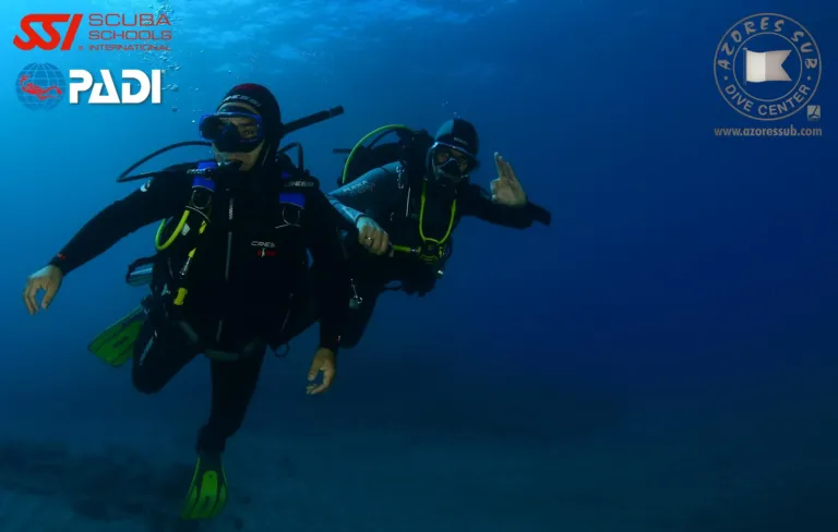 Two divers in blue water, one giving the OK sign