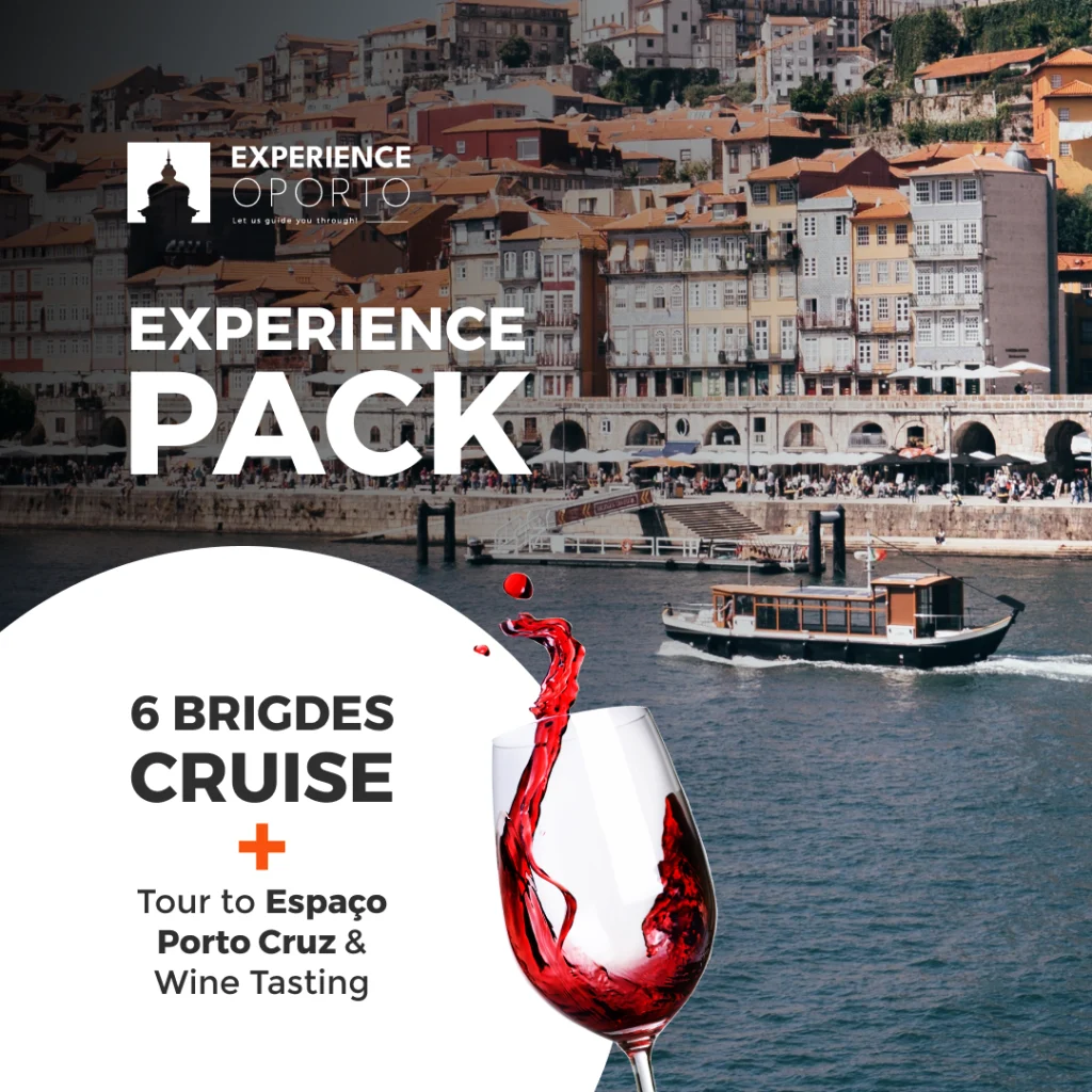 Promotional card: 'Experience pack – 6 bridges cruise plus Porto Cruz tour and wine tasting'
