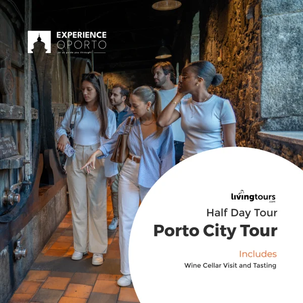 Promotional card showing visitors in a wine cellar, labelled 'Porto city tour – half day'