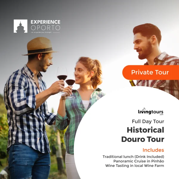 Promotional card showing a couple toasting with red wine, labelled 'Historical Douro tour – full day, private tour'