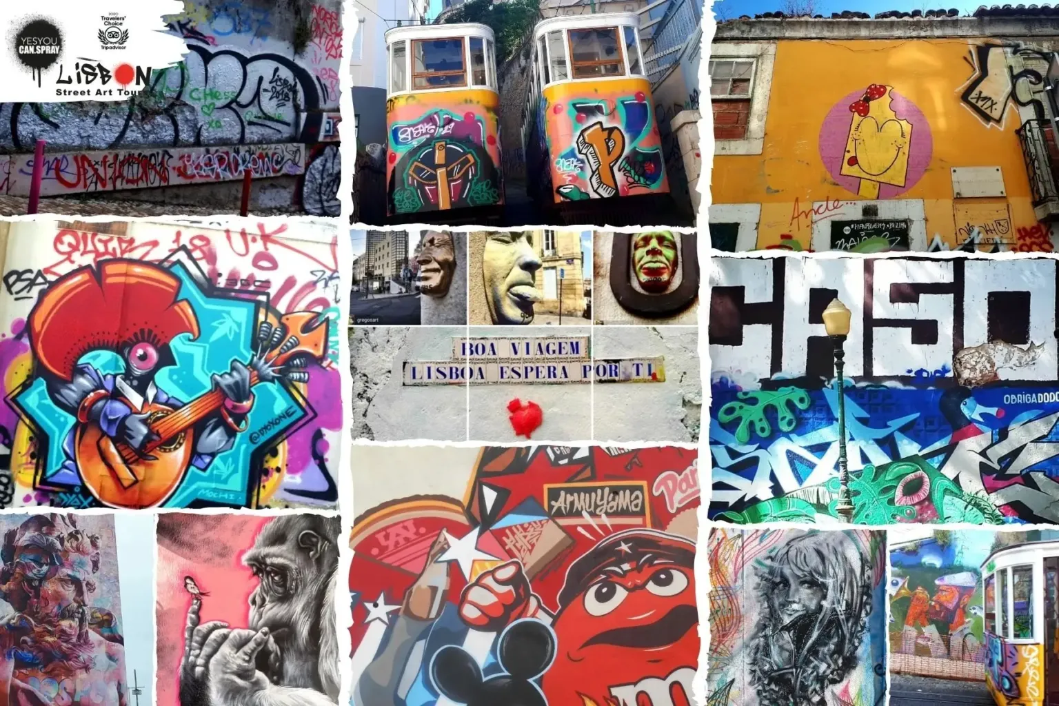 Collage of colourful street art and murals, including trams