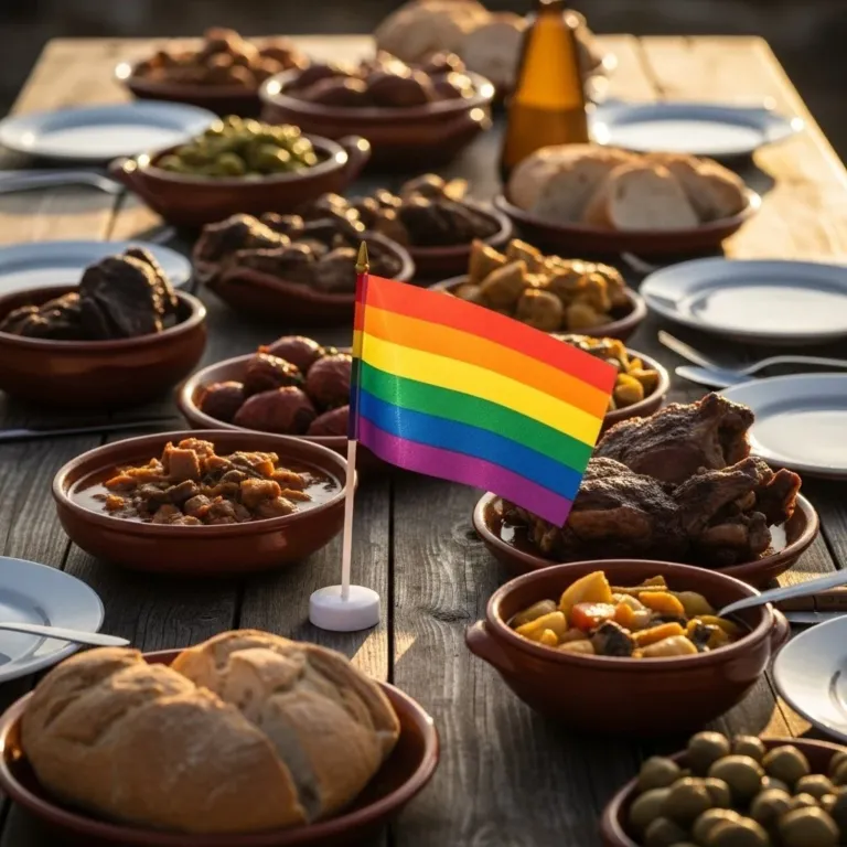 Table of Alentejo dishes, bread and olives with a small rainbow flag