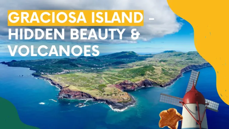 Video cover 'Graciosa Island – hidden beauty & volcanoes' with an aerial view of the island and a windmill
