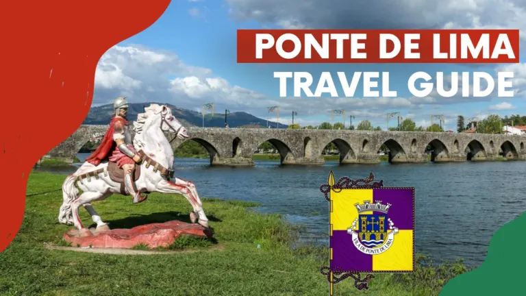 Video cover 'Ponte de Lima travel guide' with a Roman bridge over a river and a horseman statue