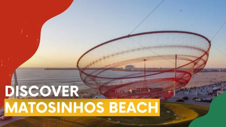 Video cover 'Discover Matosinhos Beach' with a red net sculpture over the sea