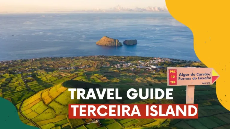 Video cover 'Travel guide Terceira Island' with green fields and a coastal islet