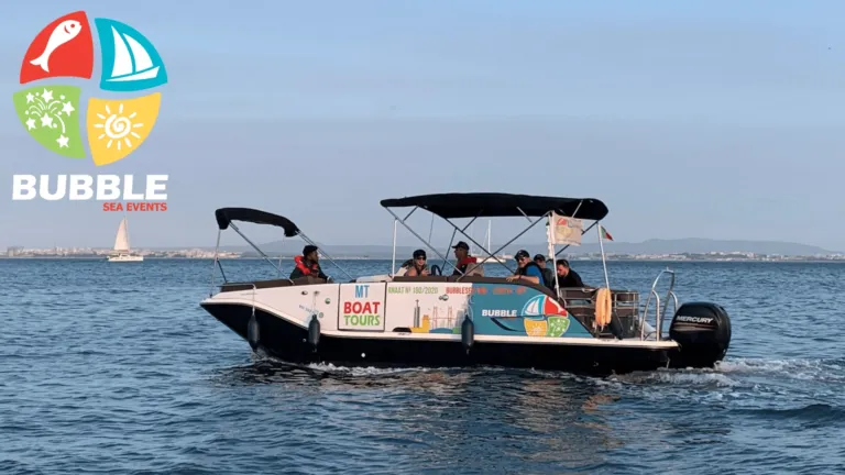 Speedboat with a canopy cruising on the river, with a Bubble logo