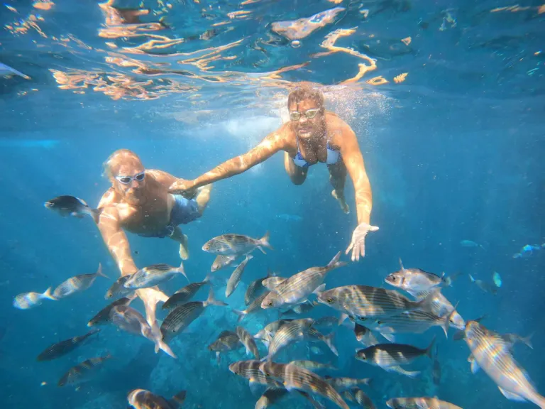 Two swimmers holding hands underwater among schooling fish
