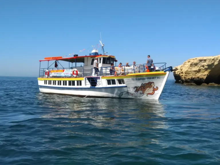 White passenger boat with a red canopy cruising near cliffs