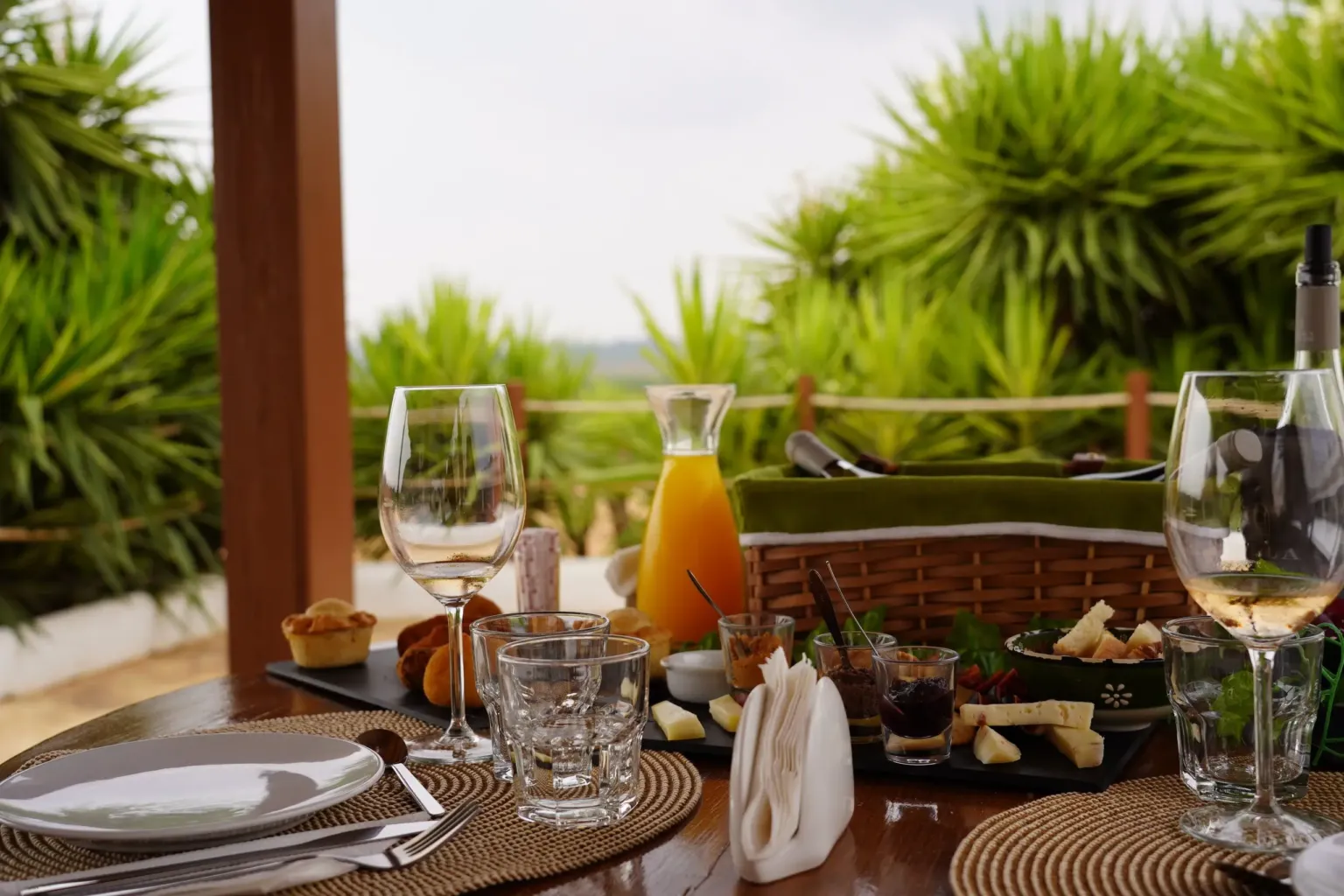 Terrace table laid with glasses, juice and dishes, overlooking palm trees
