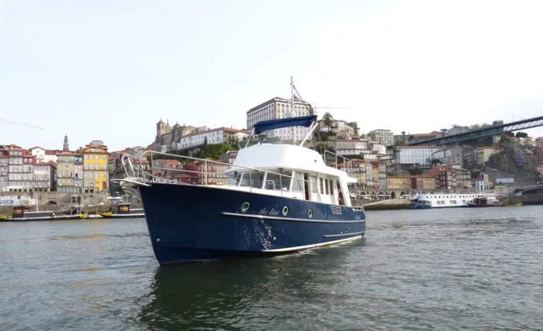 Blue-hulled motor yacht on the river with a hillside city behind