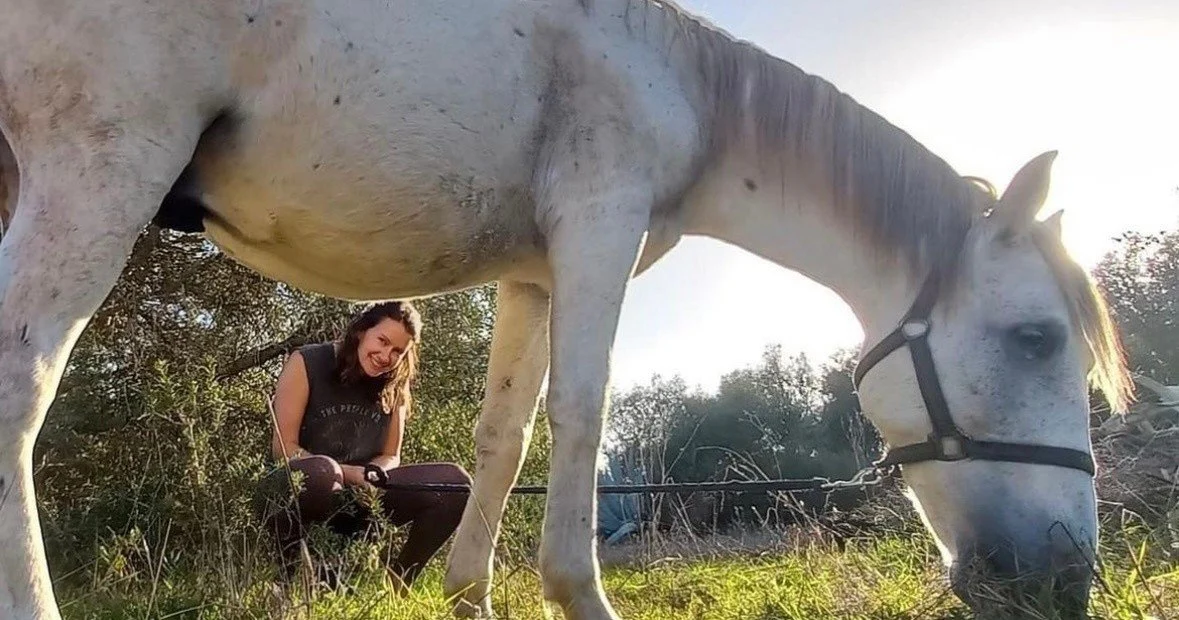 Woman crouching beside a white horse grazing in a field