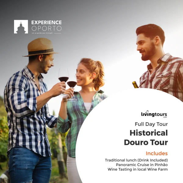 Promotional card showing friends toasting red wine, labelled 'Historical Douro tour – full day'