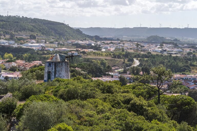 View from the medieval walls of Óbidos over the town's rooftops and whitewashed houses