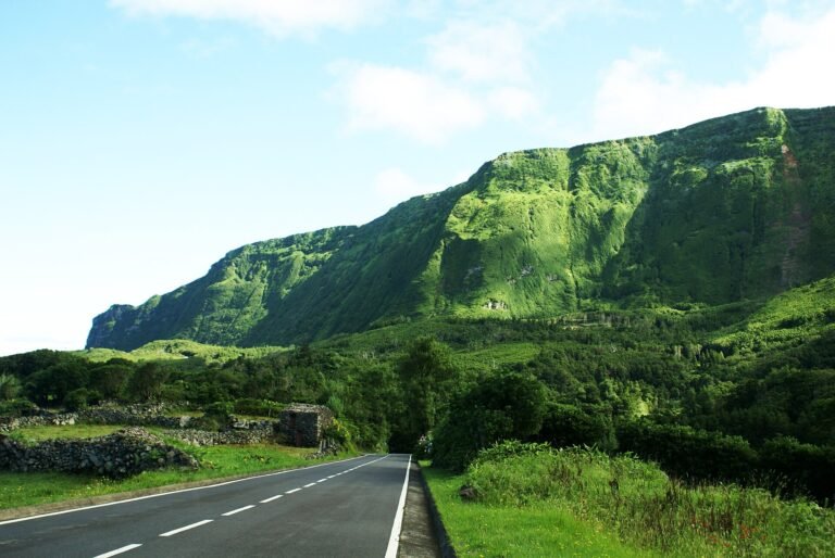 The cliffs and green slopes on the road to Fajã Grande, Flores island